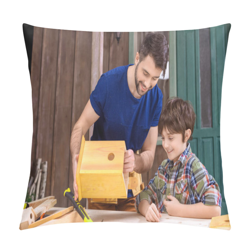 Personality  Father And Son Making Birdhouse  Pillow Covers