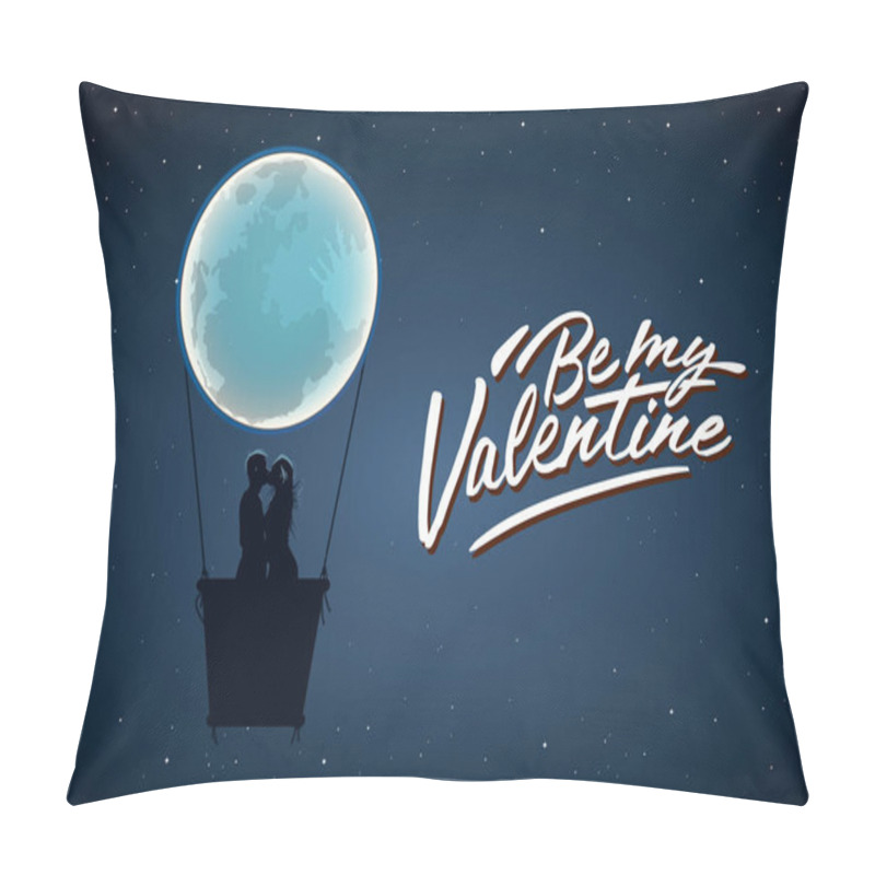 Personality  Be My Valentine. Silhouette Of Loving Couple Kissing Against The Full Moon, Vector Illustration. Pillow Covers