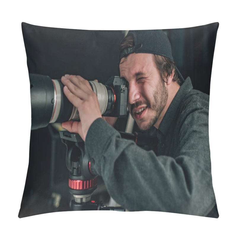 Personality  Videographer With Camera Working In Photo Studio Pillow Covers