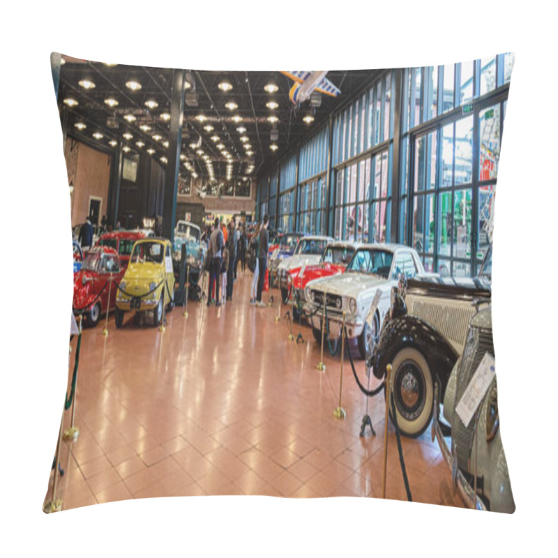 Personality  Istanbul, Turkey, 23 March 2019: Classic Cars In Rahmi M. Koc Industrial Museum. Hall Of Vintage Nostalgic Antique Autos Exhibited Pillow Covers