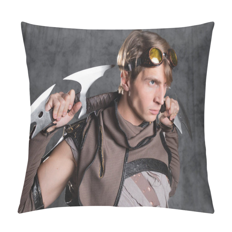 Personality  Steampunk Or Post-apocalyptic Style Character, With An Unusual Cold Weapon Pillow Covers