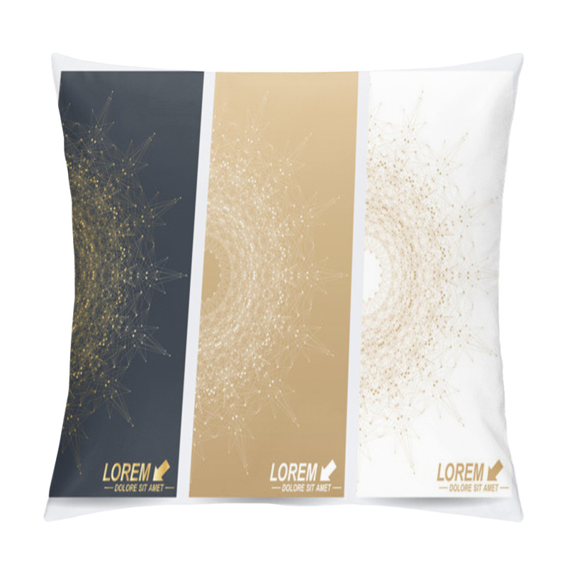 Personality  Modern Set Of Vector Flyers. Molecule And Communication Background. Geometric Abstract Round Golden Forms. Connected Line With Dots. Graphic Composition For Medicine, Science, Technology, Chemistry. Pillow Covers