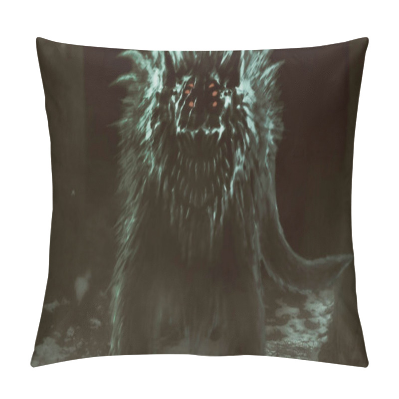 Personality  Alien Wolf Emerges From Dark Forest And Opens His Mouth. Illustration In Genre Of Horror. Pillow Covers