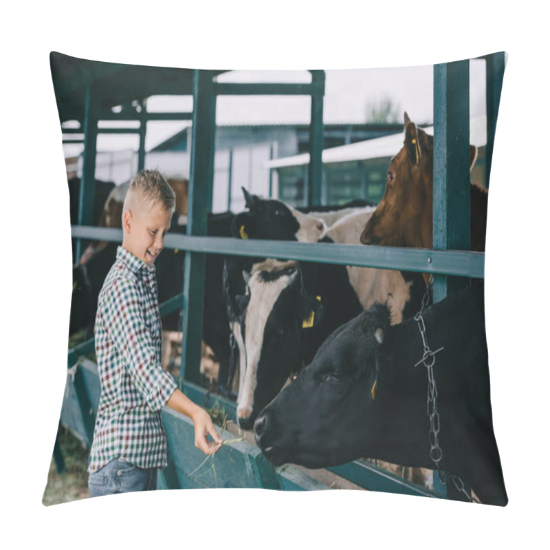 Personality  Happy Child In Checkered Shirt Feeding Cows In Stall Pillow Covers