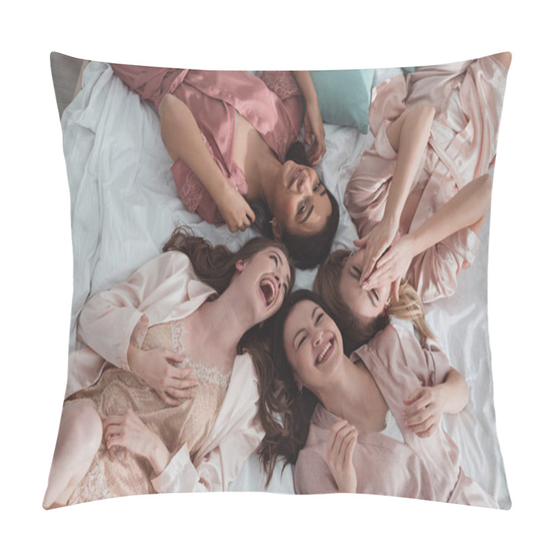 Personality  Top View Of Happy Multicultural Women Smiling And Lying On Bed At Bachelorette Party Pillow Covers