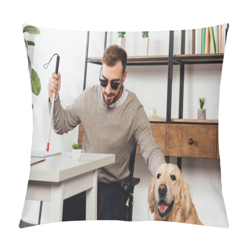 Personality  Blind Man Holding Walking Stick And Petting Golden Retriever At Home Pillow Covers