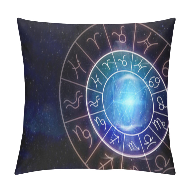 Personality  Zodiac Wheel With Astrological Signs Around Bright Star In Open Space, Illustration Pillow Covers