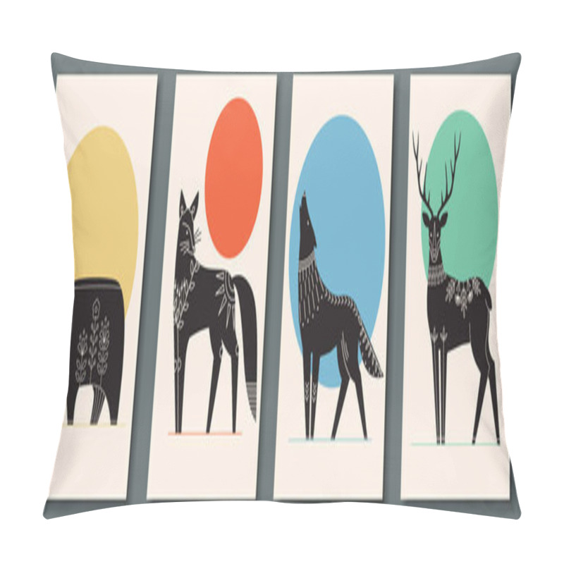 Personality  Abstract Poster Collection With Animals: Bear, Fox, Wolf, Deer. Set Of Contemporary Scandinavian Art Print Templates. Ink Animals With Floral Ornament And Geometrical Shapes On The Background.  Pillow Covers