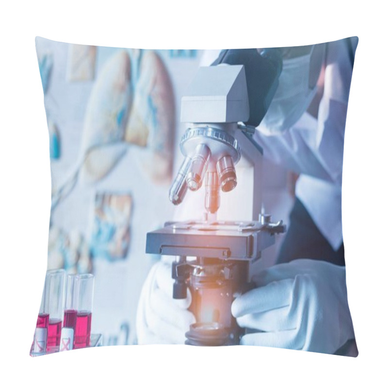 Personality  Doctor Wear Medical Protective Mask Looking At Blood Samples Under Microscope Pillow Covers