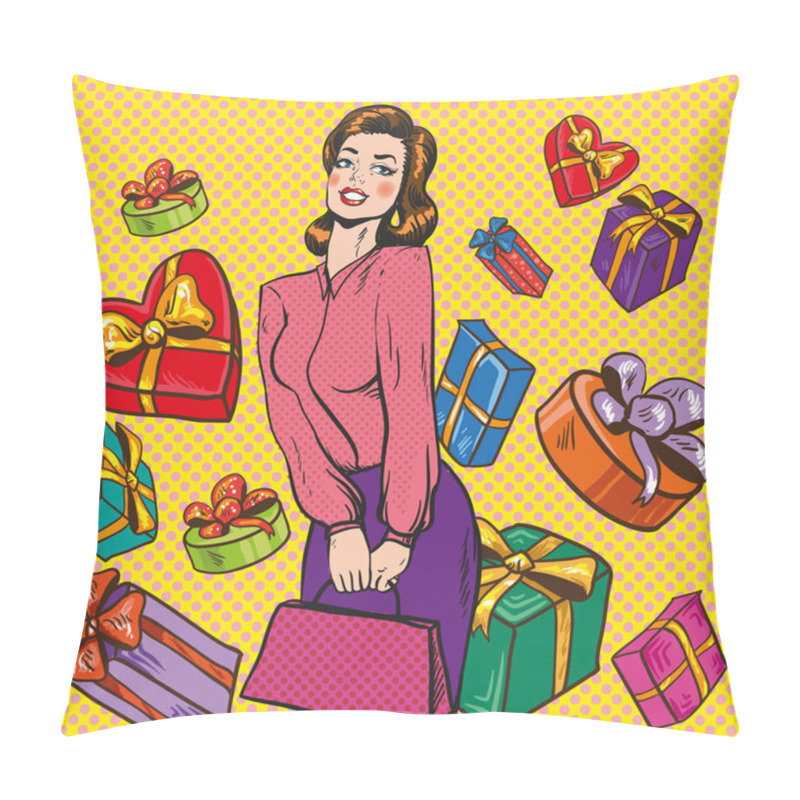 Personality  Vector Illustration Of Woman And Gift Boxes, Pop Art Style Pillow Covers