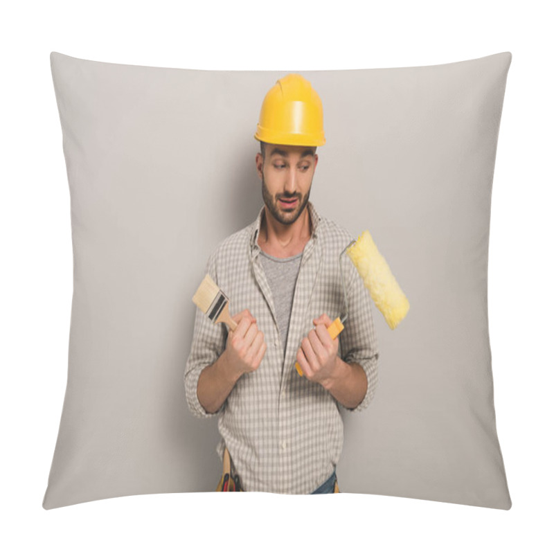 Personality  Skeptical Workman In Hardhat Holding Paint Roller And Brush On Grey  Pillow Covers