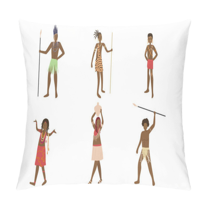 Personality  Men And Women Papuan In Traditional Costumes Vector Illustration Pillow Covers