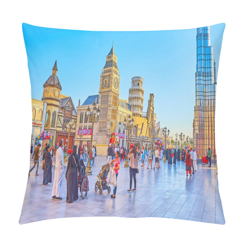 Personality  DUBAI, UAE - MARCH 5, 2020: The Global Village Dubai Boasts Replicas Of Famous European Buildings - London Big Ben, Pisa Leaning Tower, Rome Colosseum, On March 5 In Dubai Pillow Covers