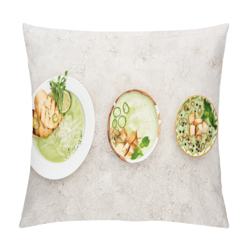 Personality  Flat Lay With Delicious Creamy Green Soup Served With Croutons Pillow Covers