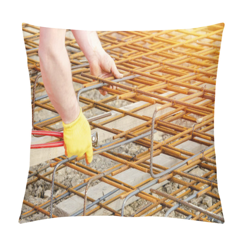 Personality  Steel Fixer Assembling Reinforcement Cage Off Rebars. Selective Focus Pillow Covers