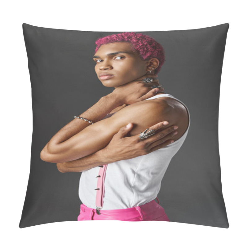 Personality  Young African American Man With Crossed Arms In Accessories Looking At Camera, Fashion And Style Pillow Covers