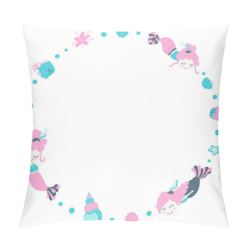 Personality  Cute Round Frame Of Amazing Lovely Girls Mermaids With Bubbles, Seashells, Fishes And Starfish. Cartoon Magical Underwater World On A White Background. Place For Text. Copy Space. Vector. Pillow Covers