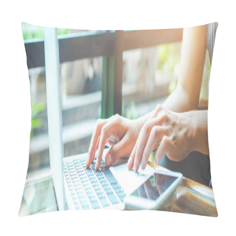 Personality  Business Woman Working With A Laptop Computer And Uses A Cell Phone In The Office.Web Banner. Pillow Covers