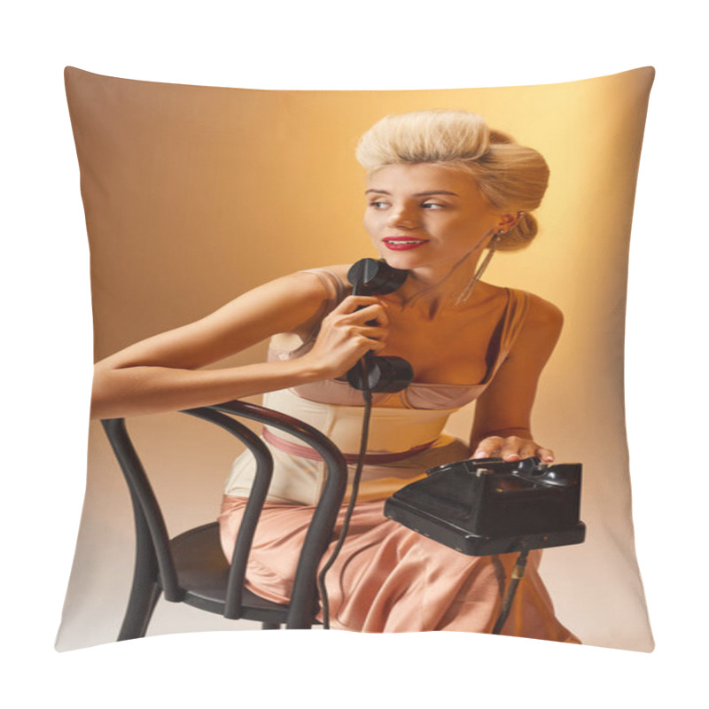 Personality  Attractive Blonde Girl In 20s Posing On Black Chair With Retro Phone Against Gray Background Pillow Covers