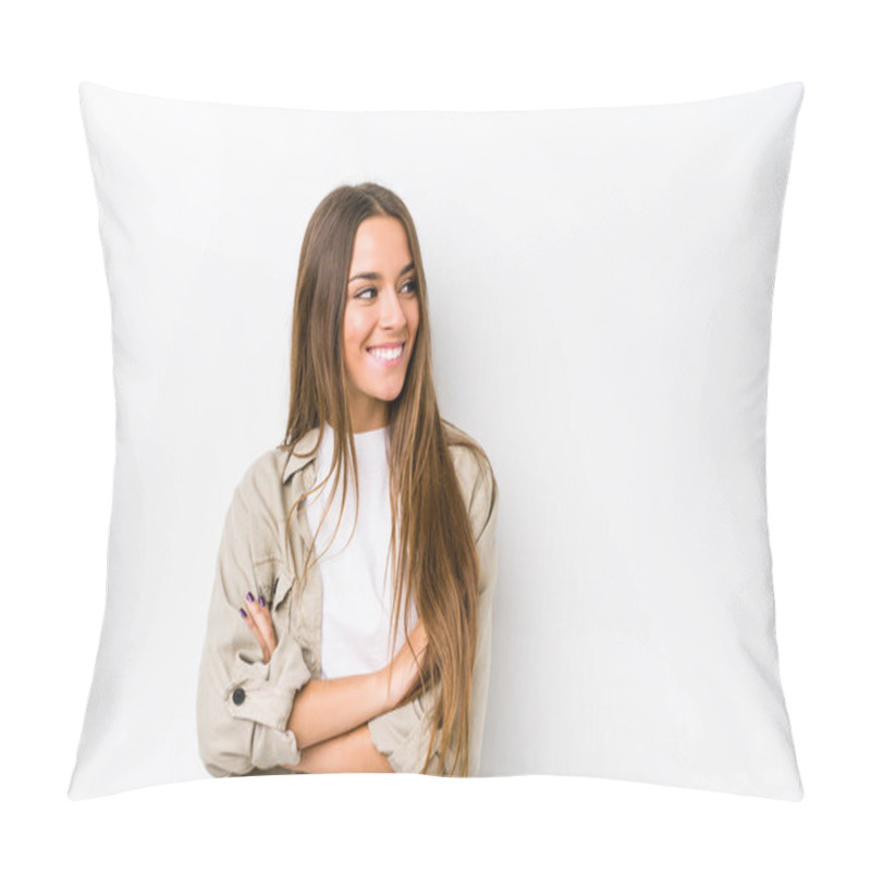 Personality  Young Caucasian Woman  Isolated Smiling Confident With Crossed Arms. Pillow Covers