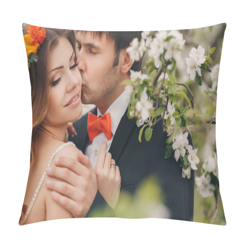 Personality  The Groom Kisses The Bride In The Flowered Park In The Spring. Pillow Covers