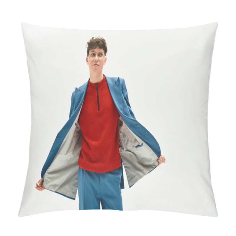 Personality  Handsome Man In A Blue Suit And Red Top Poses With Flair, Embracing Contemporary Style. Pillow Covers