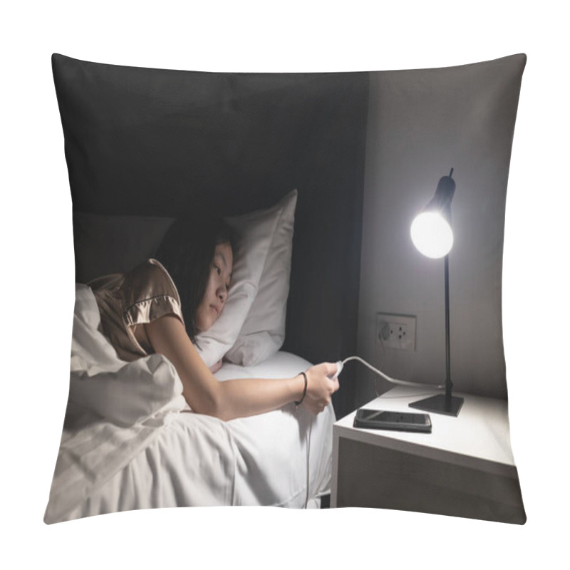 Personality  Asian Child Girl Resting On The Bed,turning Off The Light Switch Before Bedtime To Sleep In The Bedroom At Night,turn Off Lights When Not In Use,hand Turning Off Lamp,energy Power Saving , Save Money Pillow Covers