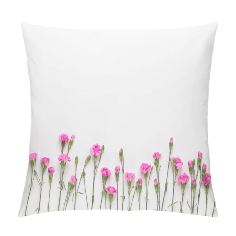 Personality  Pink Carnation Flowers On White Background. Flat Lay, Top View,  Pillow Covers