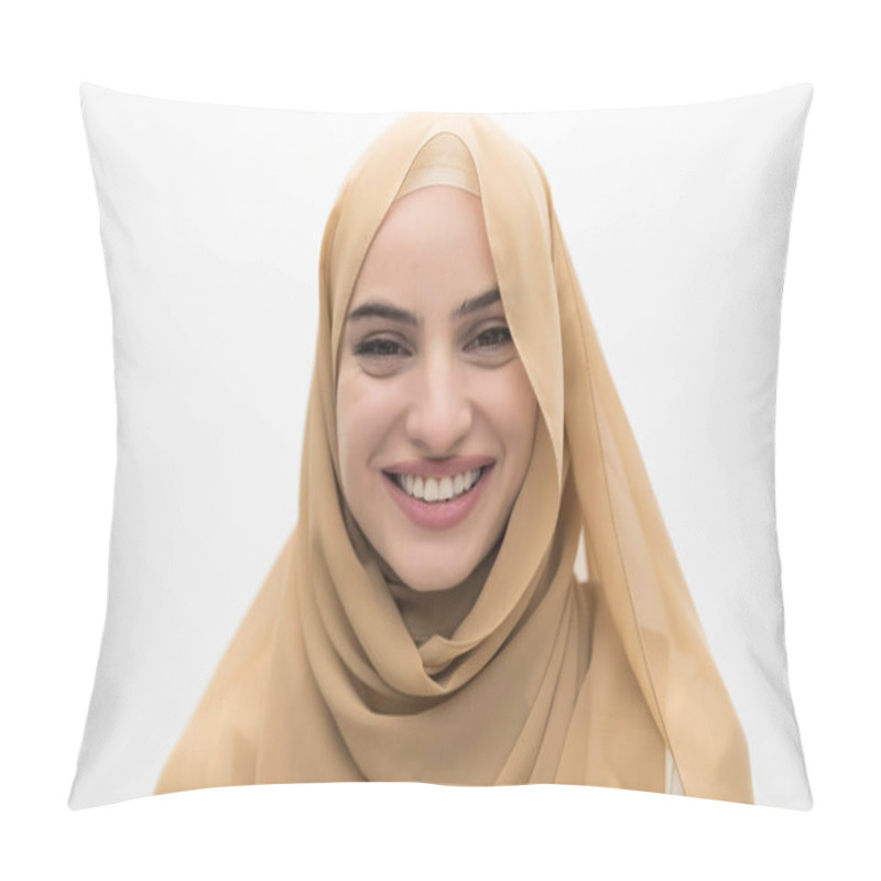 Personality  Portrait Of Young Muslim Woman Wearing Hijab On Isolated White Background. High Quality Photo Pillow Covers