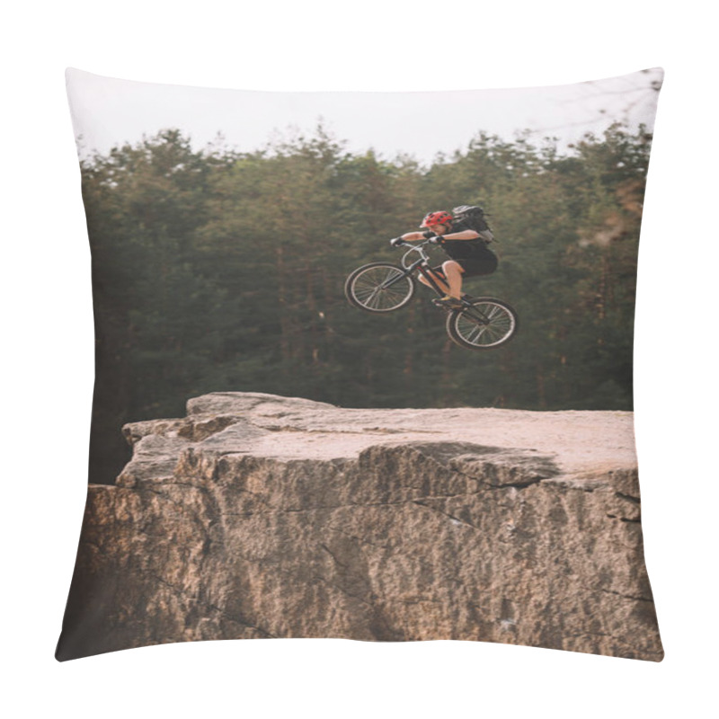 Personality  Trial Biker Jumping On Bicycle Over Rocky Cliff Outdoors Pillow Covers