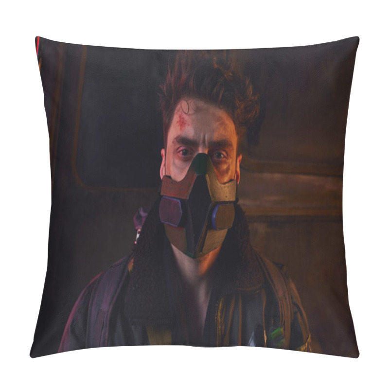 Personality  Portrait Of Injured Man In Gas Mask And Worn Clothes In Contaminated Post-apocalyptic Subway Pillow Covers