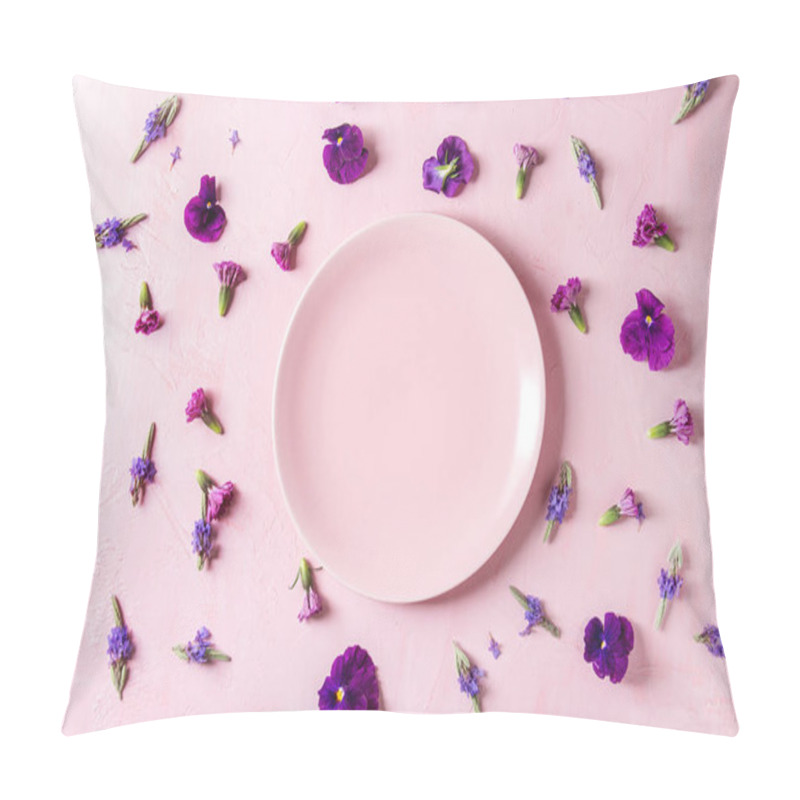 Personality  Variety Of Purple Edible Flowers For Dish Decorating With Empty Ceramic Plate Over Pink Pastel Background. Top View, Space. Pillow Covers