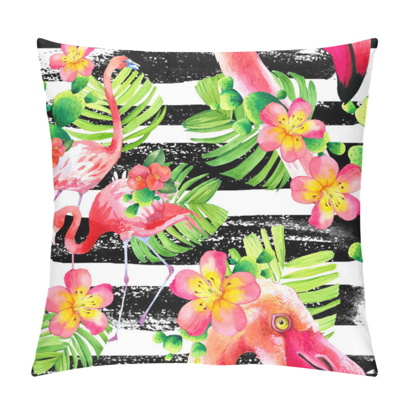 Personality  Watercolor Seamless Pattern On Striped Background. Illustration With Pink Flamingo And Tropical Plants. Paradise Bird. Pillow Covers