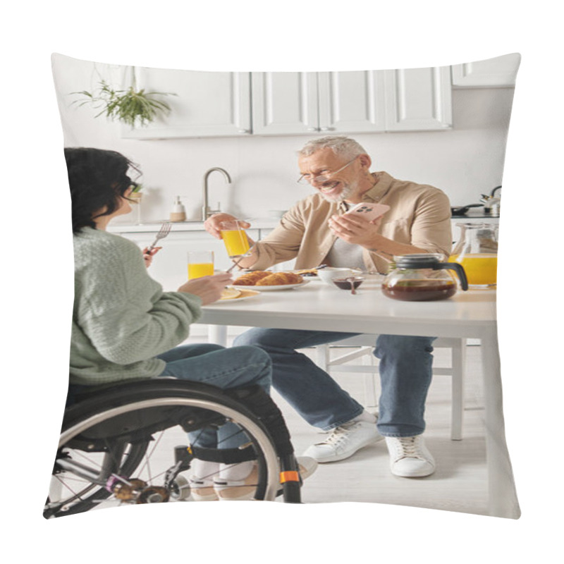 Personality  A Man And A Woman In Wheelchair Share A Cozy Breakfast In A Kitchen At Home. Pillow Covers