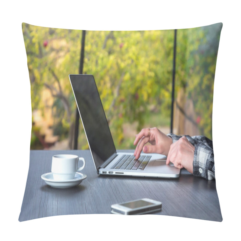 Personality  Person Working At Wooden Desk On Computer Coffee Phone Pillow Covers