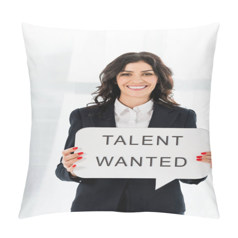 Personality  Cheerful Beautiful Recruiter Holding Speech Bubble With Talent Wanted Lettering  Pillow Covers