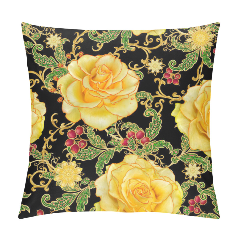 Personality  Seamless Pattern. Golden Textured Curls. Brilliant Lace, Stylized Flowers, Yellow Rose. Openwork Weaving Delicate, Golden Background, Paisley. Pillow Covers