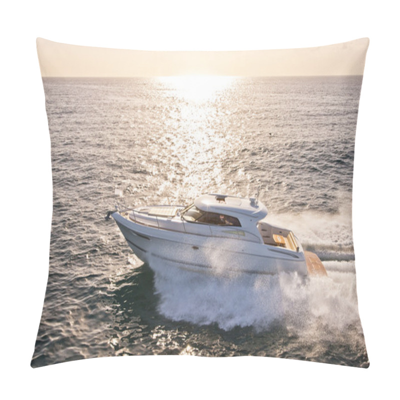 Personality  Speed Boat In The Ocean With Sun Setting Behind Pillow Covers