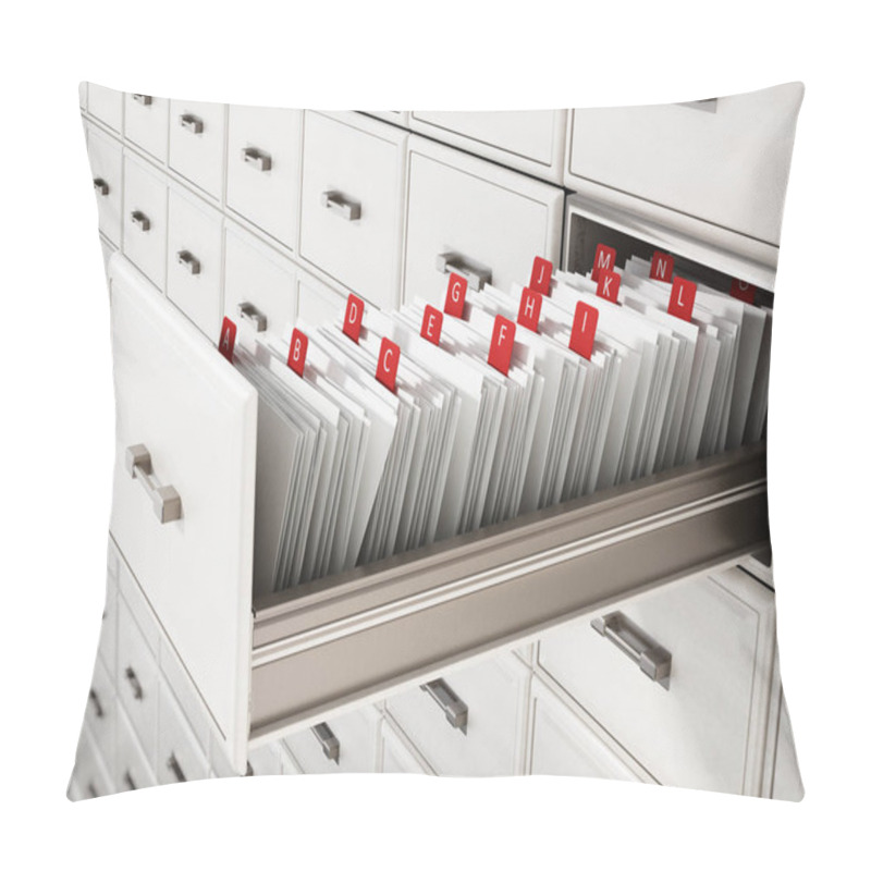 Personality  Library Catalogue Wooden Drawer With Letters. 3D Illustration Pillow Covers