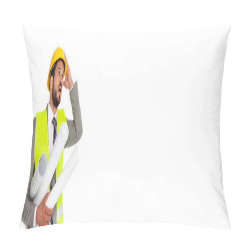 Personality  Horizontal Image Of Shocked Engineer Looking Away While Holding Blueprints Isolated On White Pillow Covers