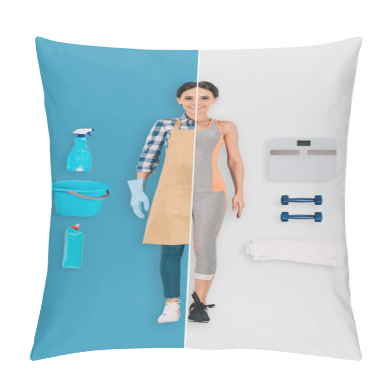 Personality  Young Woman In Two Occupations Of Cleaner And Sportswoman On Different Backgrounds Pillow Covers