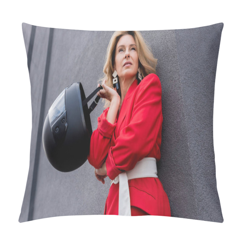 Personality  Low Angle View Of Attractive Woman In Red Jacket Holding Motorcycle Helmet On Street  Pillow Covers