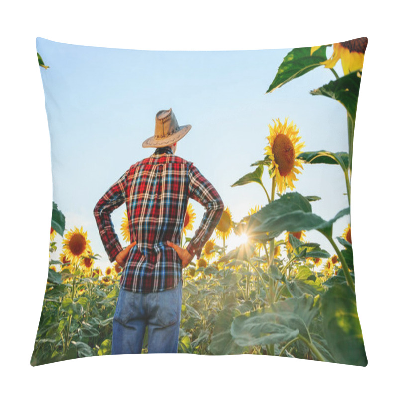 Personality  A Farmer In A Hat Stands In The Field And Inspects His Property. Hands On The Hips. Clear Day And The Sun Peeks Through The Leaves. Man And Copy Space Pillow Covers