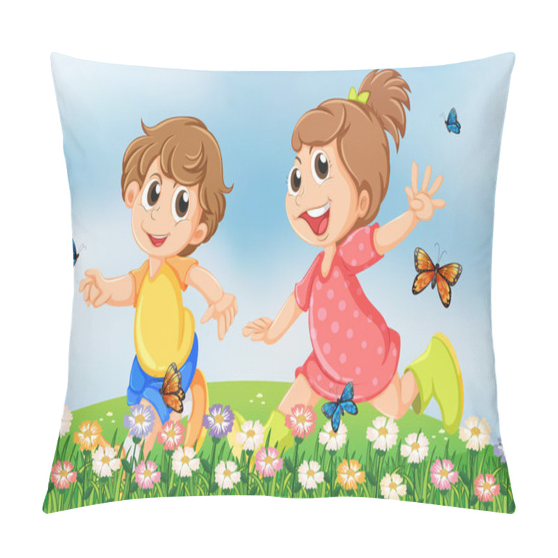 Personality  Kids Playing Happily At The Garden In The Hilltop Pillow Covers