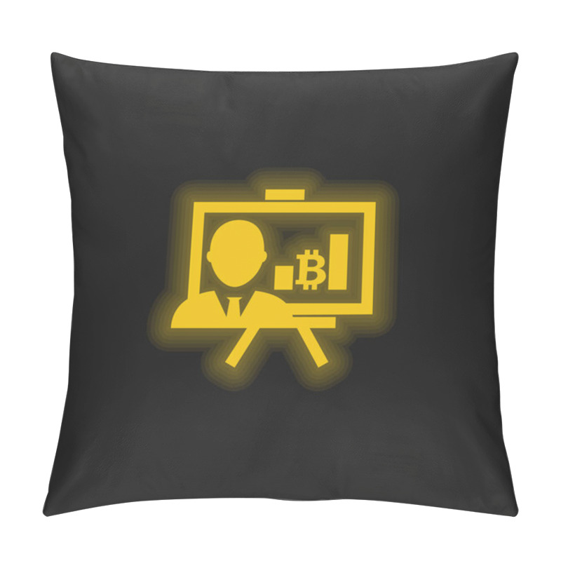 Personality  Bitcoin Presentation With Graphs And Reporter Yellow Glowing Neon Icon Pillow Covers