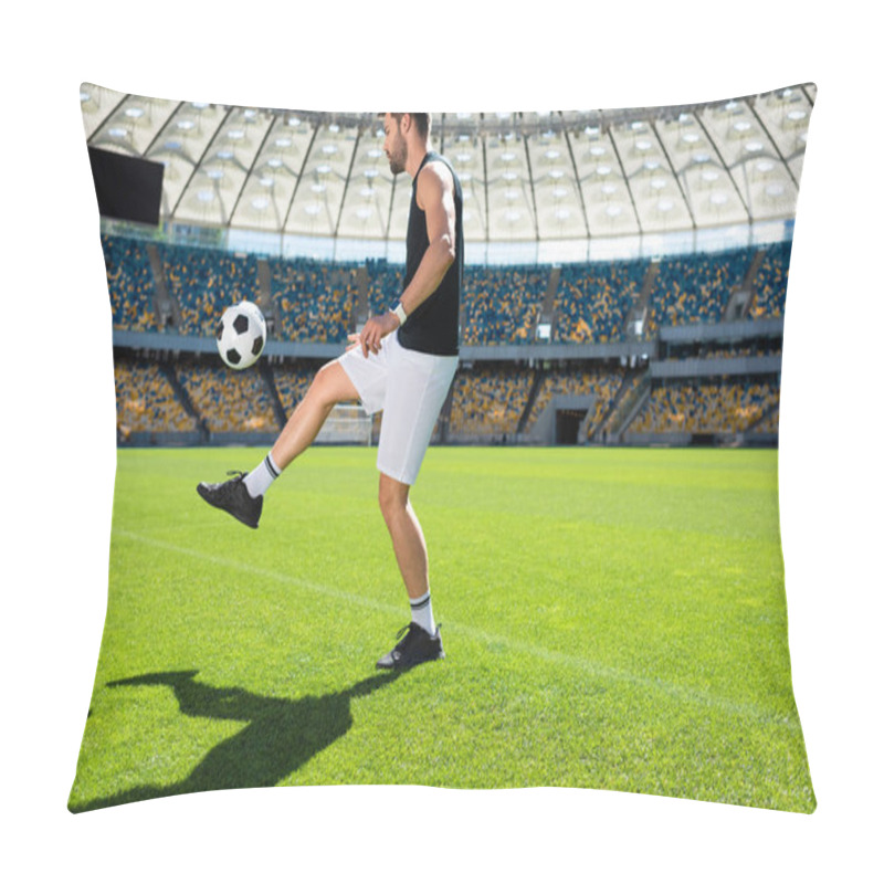 Personality  Sporty Young Soccer Player Bouncing Ball On Leg At Sports Stadium Pillow Covers