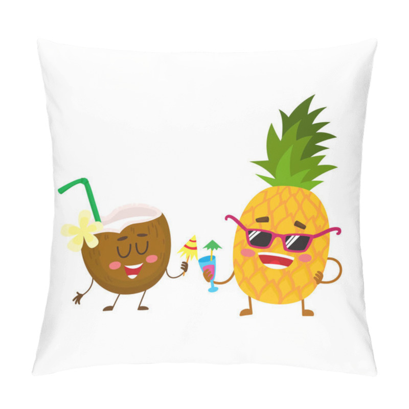 Personality  Funny Pineapple And Coconut Characters Drinking Cocktails, Having Fun Pillow Covers