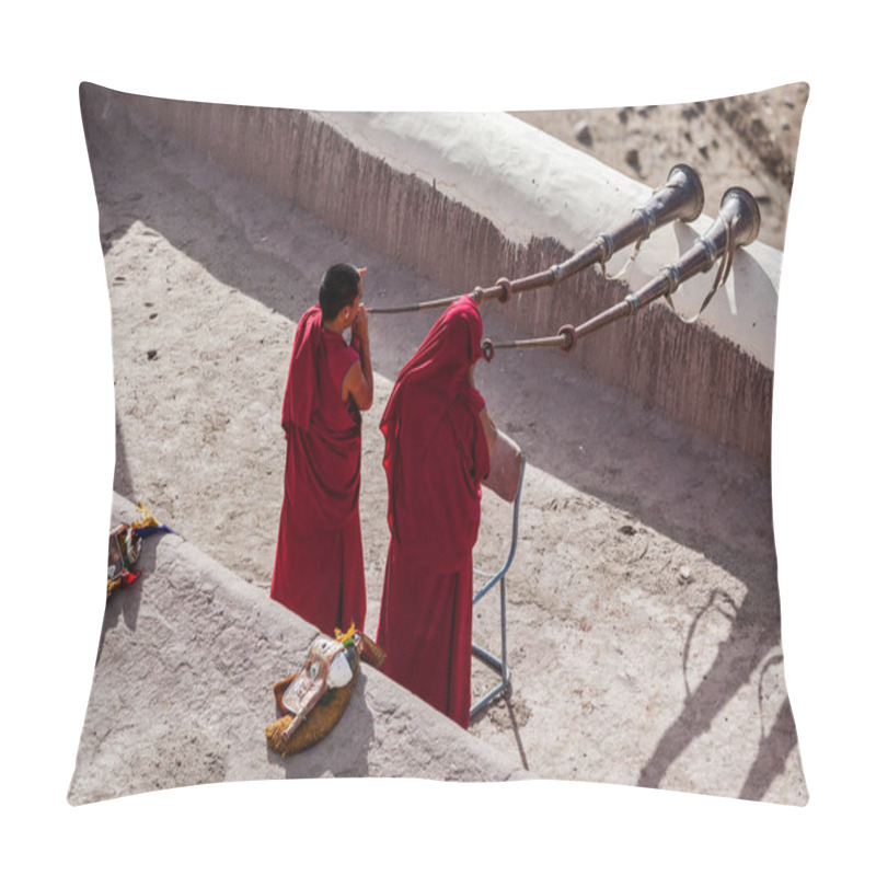 Personality  THIKSEY, INDIA - SEPTEMBER 4, 2011: Two Tibetan Buddhist Monks Blowing Tibetan Horn (dungche) During Morning Pooja, Thiksey Gompa, Ladakh, India Pillow Covers