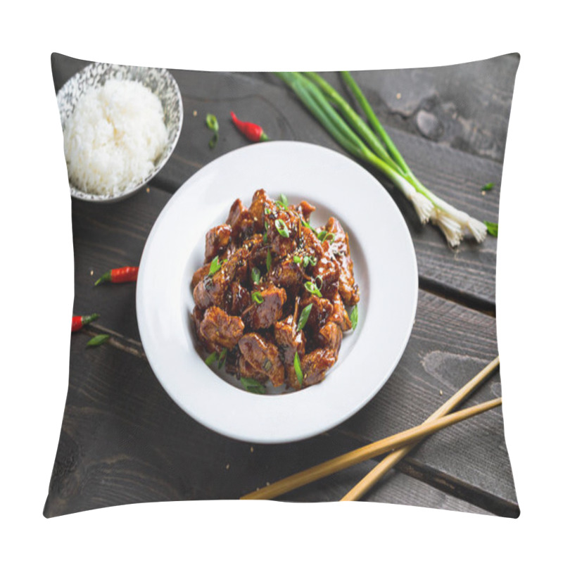 Personality  General Tso Chicken Plate On Dark Background. Pillow Covers