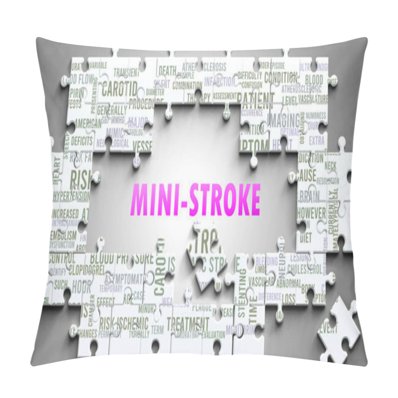 Personality  Mini-Stroke As A Complex Subject, Related To Important Topics. Pictured As A Puzzle And A Word Cloud Made Of Most Important Ideas And Phrases Related To Mini-stroke. Pillow Covers